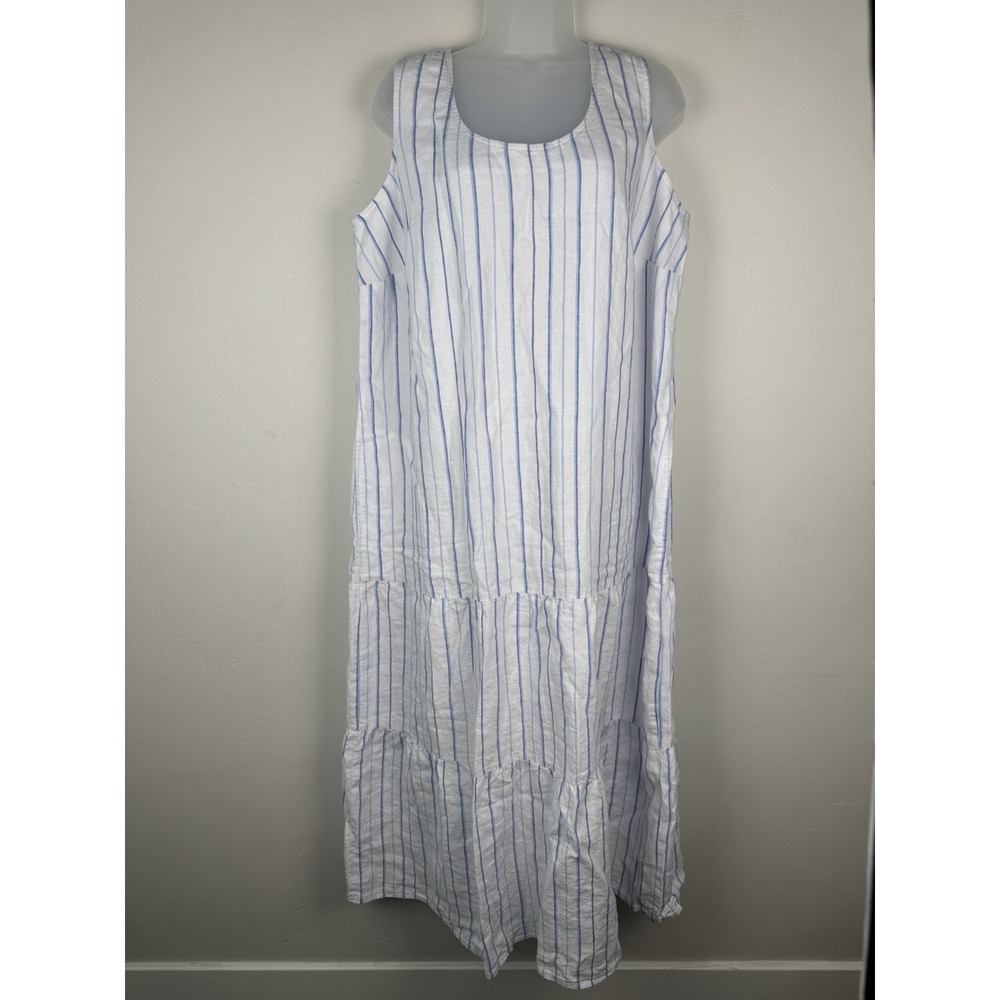 J Jill Womens 1X Love Linen Midi Dress Tiered Sleeveless Cornflower Blue Stripe